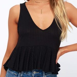 Lulus Black Ribbed V-Neck Ruffled Cropped Tank Top
